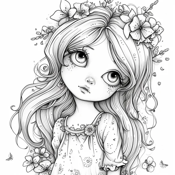 Cute cartoon girl with flower wreath, fairy tale style — free printable butterfly coloring book page