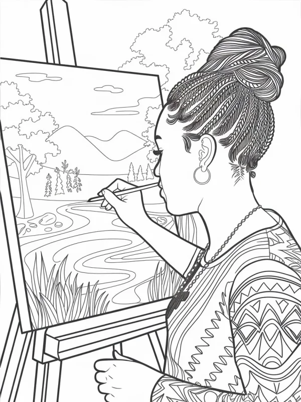 Side view of braided female artist painting a landscape on easel, realistic line art — free printable artist coloring book page