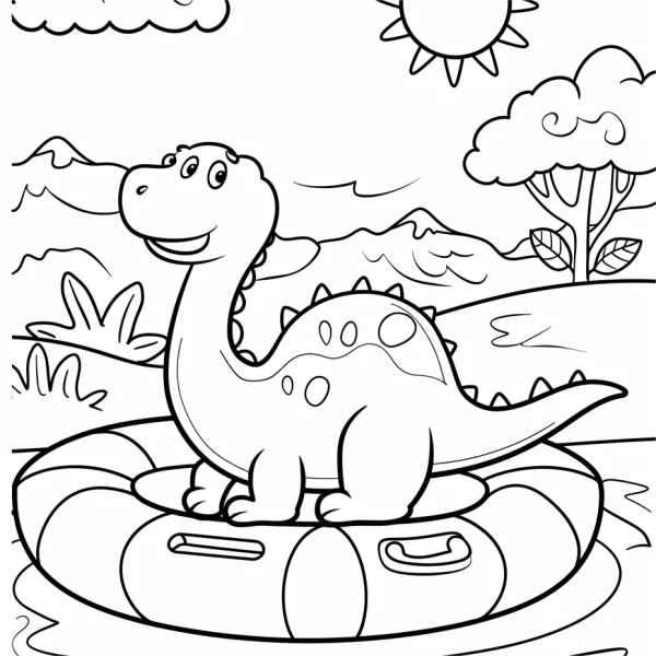 Cute cartoon dinosaur sitting on inflatable swimming ring, cartoon style — free printable swimming coloring book page