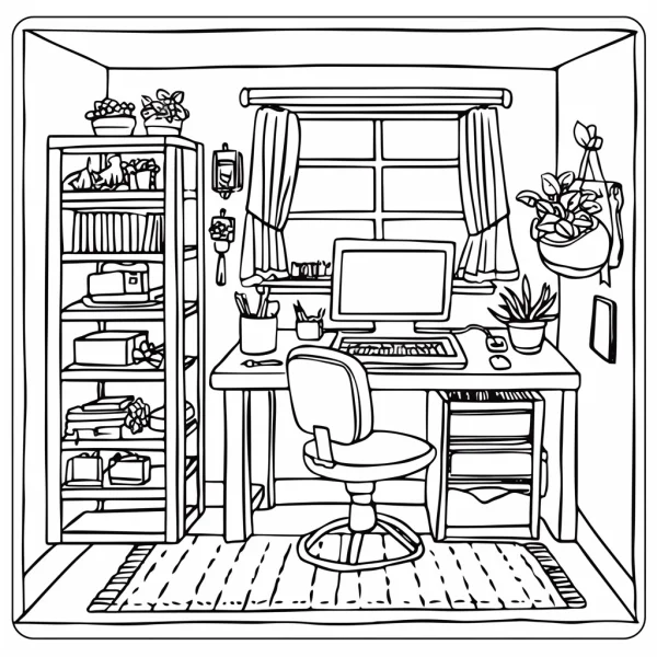 Indoor work and study scene with desk, computer — free printable indoor life coloring book page