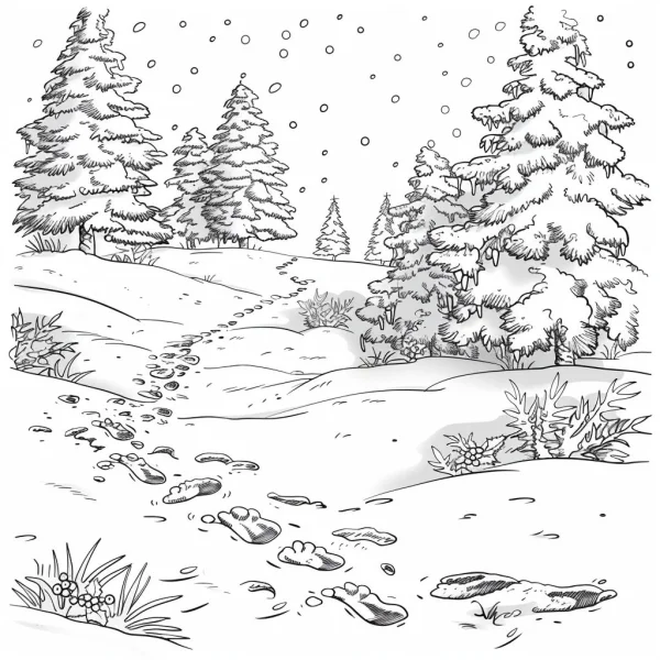 Winter forest snow scene, snowy landscape with pine trees — free coloring book page