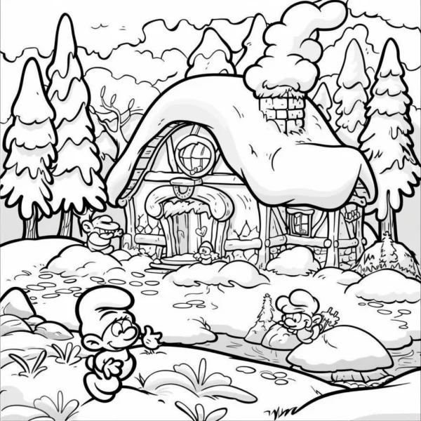 Smurfs and mushroom house in winter pine forest, cartoon style — free printable cartoon characters coloring book page
