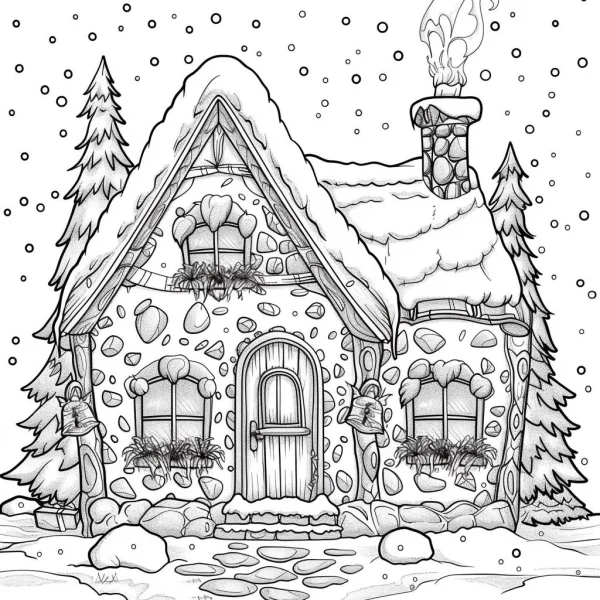 Christmas snow-covered stone cottage, cartoon style — free printable scenes coloring book page
