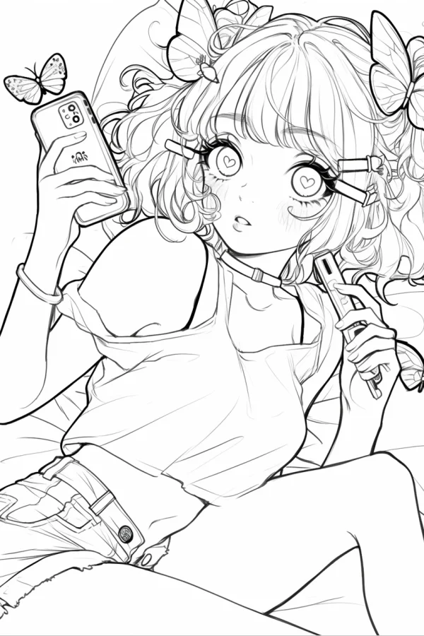 Cute cartoon girl with curly hair and heart-shaped eyes taking selfie, holding smartphone and selfie stick — free printable character theme coloring book page