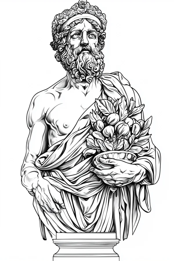 Greek god bust holding a fruit basket, classical sketch style — free printable greek culture coloring book page