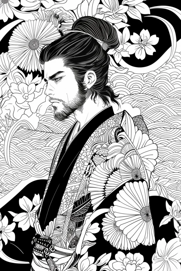 Japanese kimono man with topknot, ukiyo-e style — free printable traditional culture coloring book page