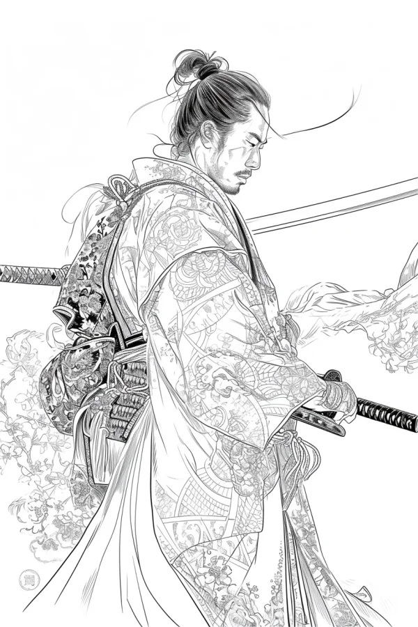 Coloring book page, japanese samurai in traditional patterned kimono with a katana — free printable traditional clothing coloring book page