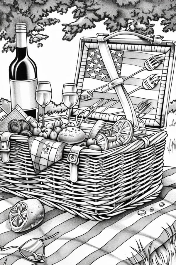 American-style picnic basket with us flag detail, realistic line art — free printable independence day coloring book page