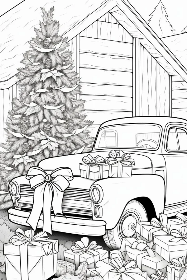 Coloring book page, vintage truck with christmas tree and gift boxes — free printable outdoor scene coloring book page