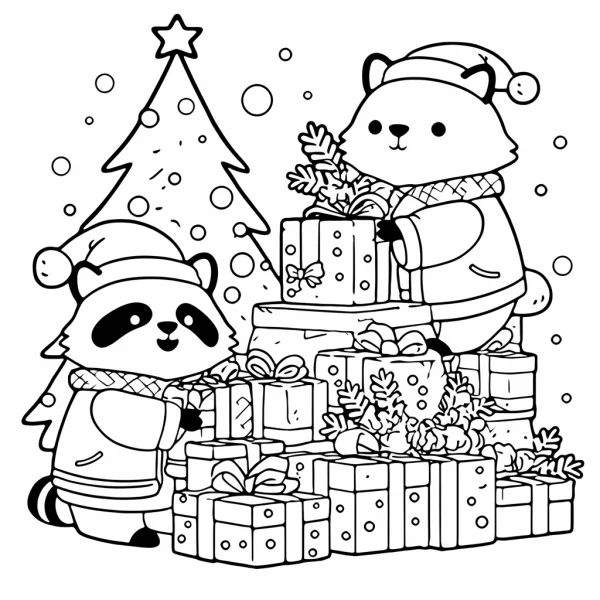 Cute raccoons wearing santa hats with pile of christmas gifts and christmas tree, cartoon style — free printable festivals coloring book page