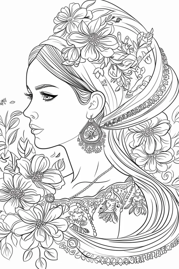 Side profile of a girl with floral hair and ethnic earrings, surrounded by large flowers and vines — free printable ethnic culture coloring book page