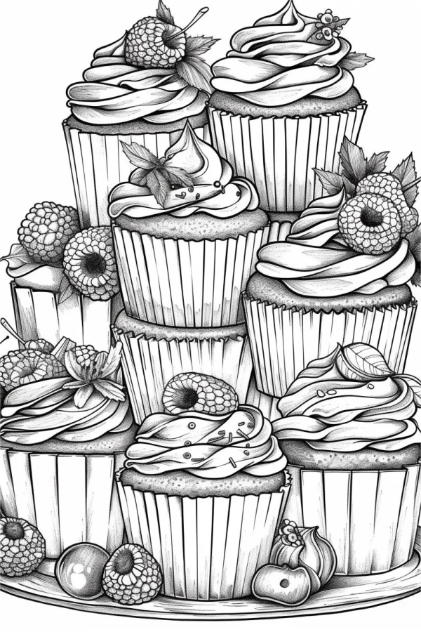 Stacked cupcakes decorated with raspberries and leaves, sketch style — free printable desserts coloring book page