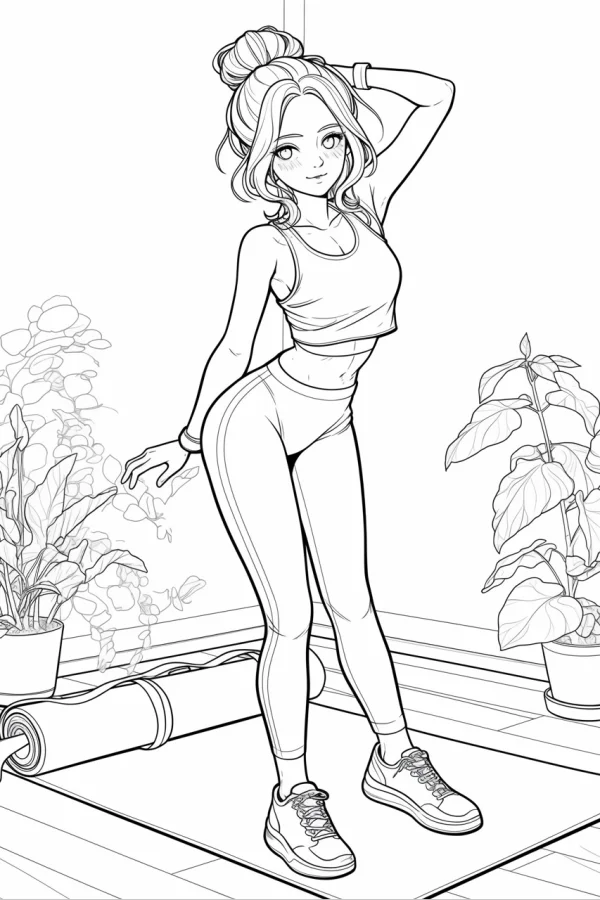 Sporty girl with bun hairstyle, cartoon style — free printable fitness coloring book page