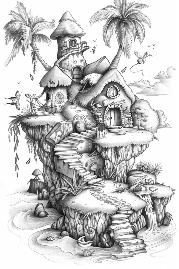Whimsical fairy tale cottage cluster on a cliff island, cartoon fairy tale illustration style — free printable island coloring book page