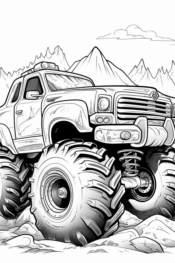 Monster truck, cartoon style — free printable outdoor adventure coloring book page