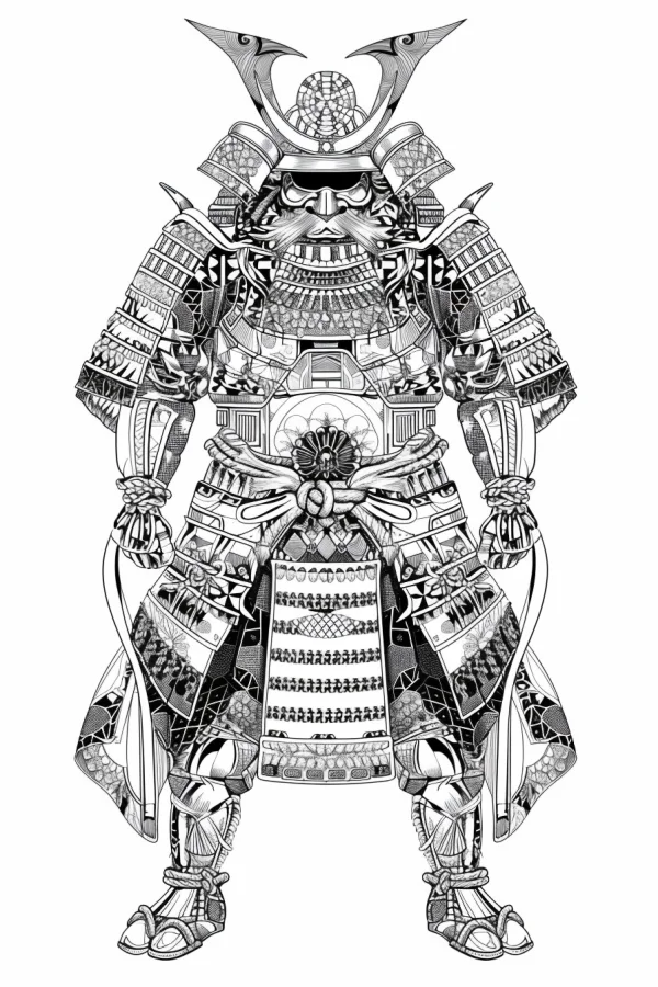 Japanese samurai in full traditional armor, japanese style — free printable traditional culture coloring book page