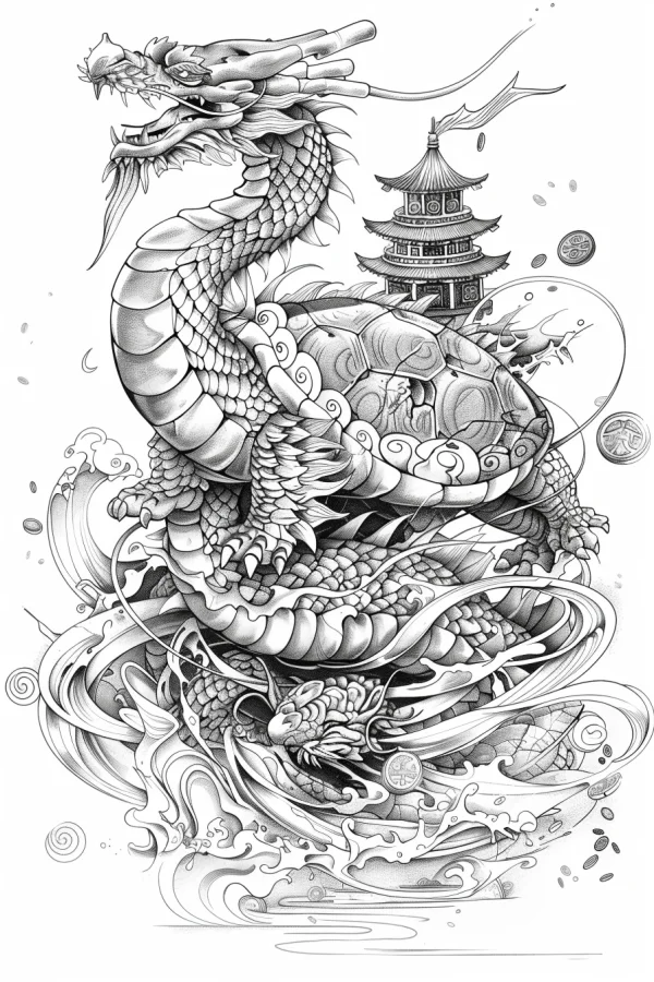 Chinese dragon-turtle mythical creature, chinese style — free printable traditional architecture coloring book page