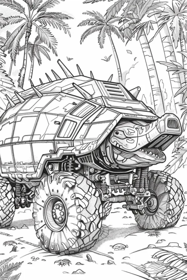 Sci-fi mechanical off-road truck with spikes, sketch style — free printable jungle coloring book page