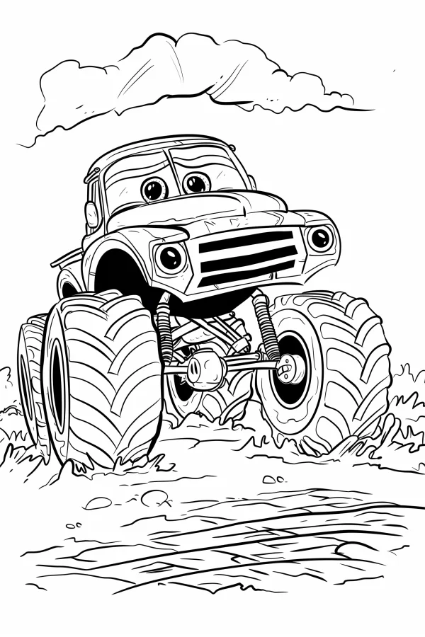 Anthropomorphic cartoon monster truck, cartoon style — free printable vehicles coloring book page