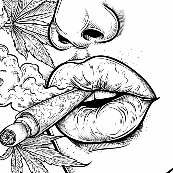 Lips holding a marijuana joint, tattoo style — free printable cannabis culture coloring book page