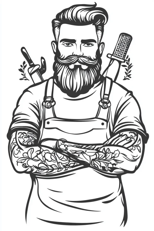 Tattooed barber with undercut and full beard, cartoon style — free printable barber coloring book page