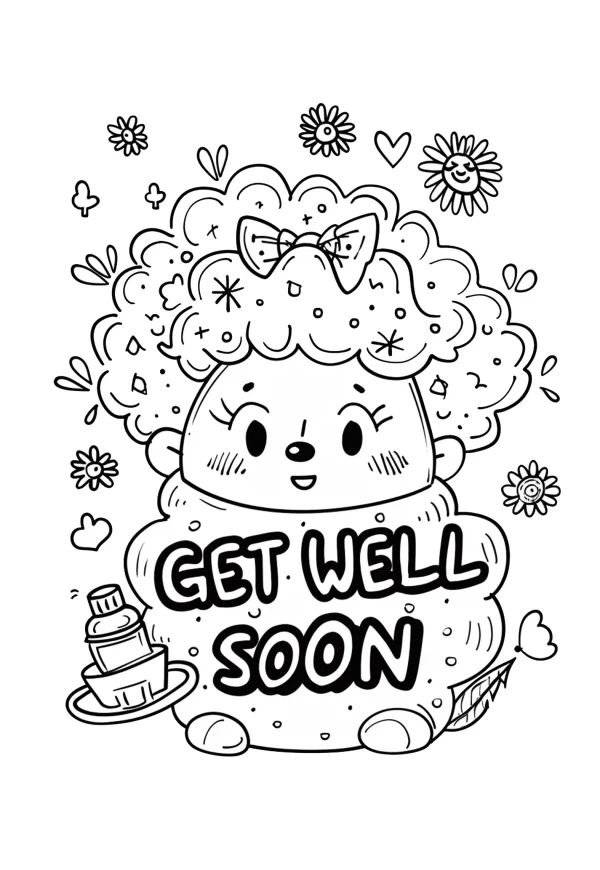 Cute cartoon sheep with bow tie, bold 'get well soon' text — free printable rehabilitation blessing coloring book page