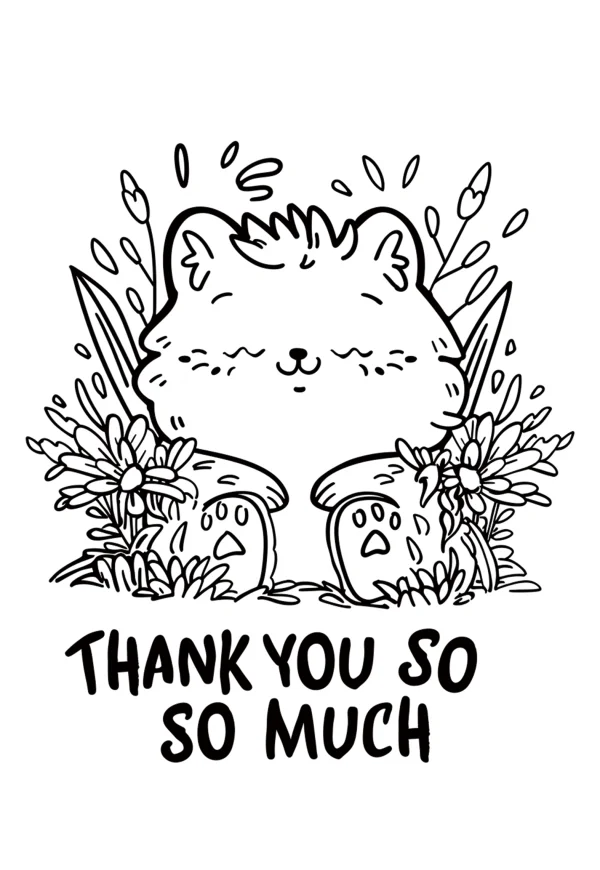 Cute fluffy cat sitting on small mushrooms, cartoon style — free printable gratitude coloring book page