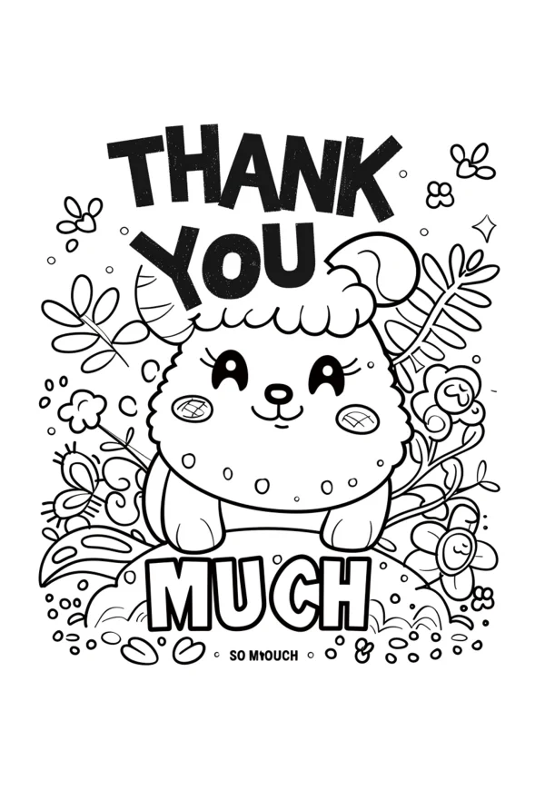 Cute cartoon lamb, surrounded by flowers and leaves — free printable gratitude coloring book page