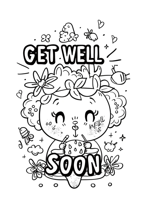 Cartoon cute recovering lamb with ice pack, get well soon theme — free printable cozy daily life coloring book page