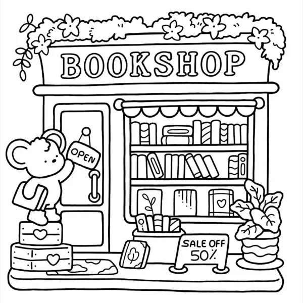 Cute bear holding an 'open' sign in front of a cozy bookshop, cartoon style — free printable bookstore coloring book page