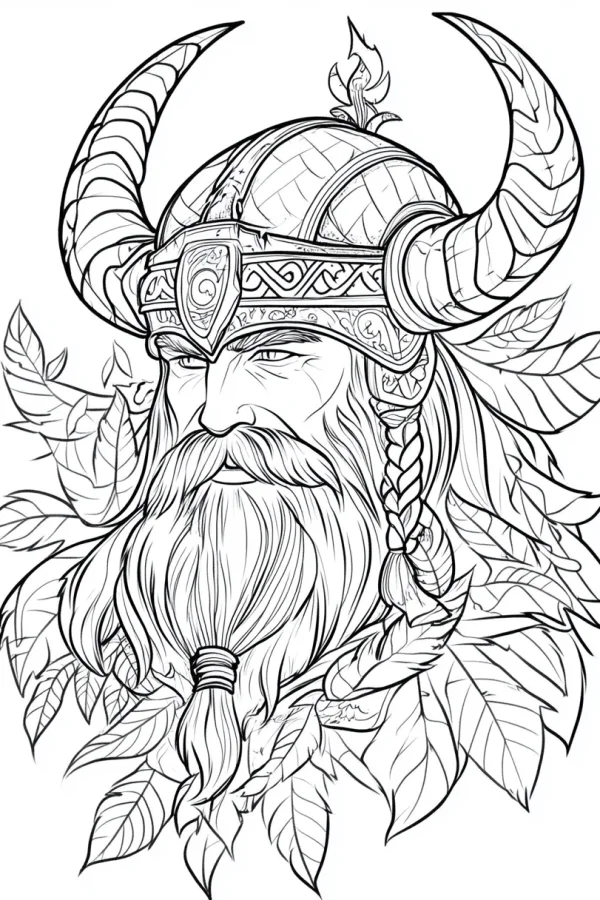 Viking warrior head with horned helmet, nordic style — free printable nordic culture coloring book page