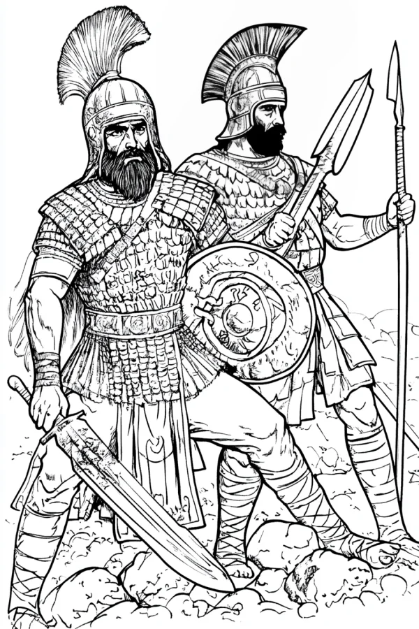 Ancient greek hoplite warriors, realistic historical retro style — free printable history coloring book page