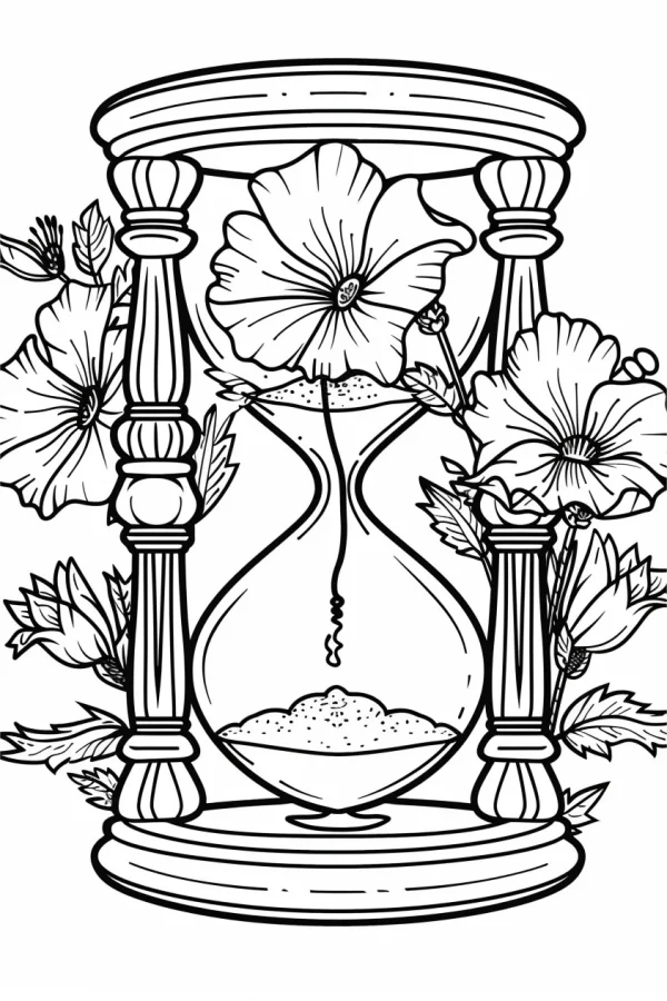 Coloring book page, hourglass wrapped in hibiscus flowers — free printable time coloring book page