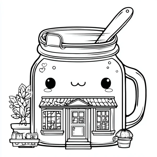 Cute anthropomorphic mason jar house with a happy face, cartoon style — free printable coloring page