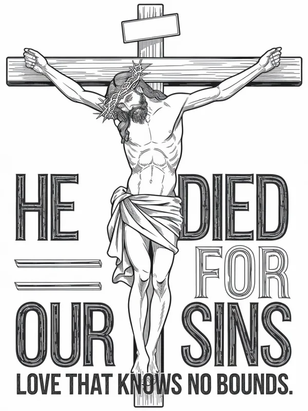 Jesus crucified on the cross wearing crown of thorns, religious theme — free printable christianity coloring book page