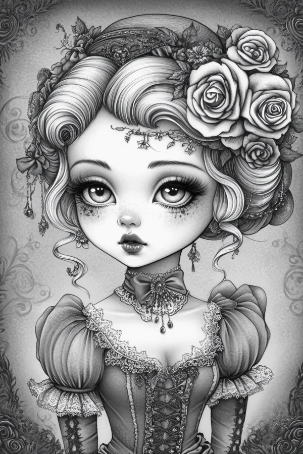 Victorian-style big-eyed girl, vintage cartoon art style — free printable victorian coloring book page