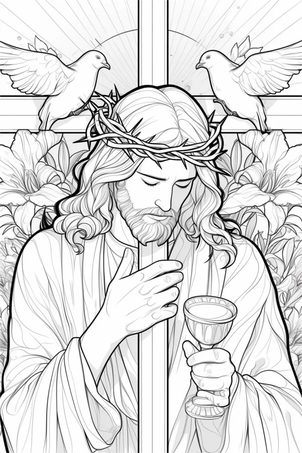 Jesus with crown of thorns holding chalice, leaning on cross — free printable christianity coloring book page