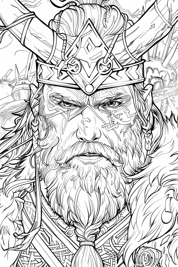 Viking warrior with horned helmet, nordic style — free printable nordic culture coloring book page