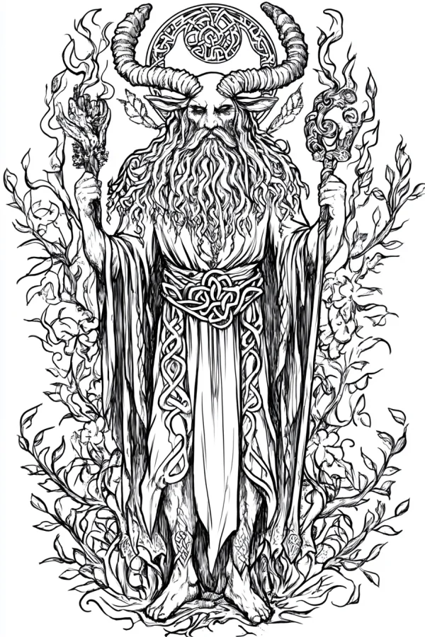 Horned celtic wizard with long curly beard, celtic fantasy style — free printable celtic culture coloring book page
