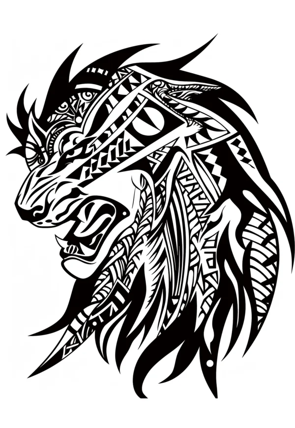 Tribal style roaring lion head, intricate tribal totem patterns — free printable tribal culture coloring book page