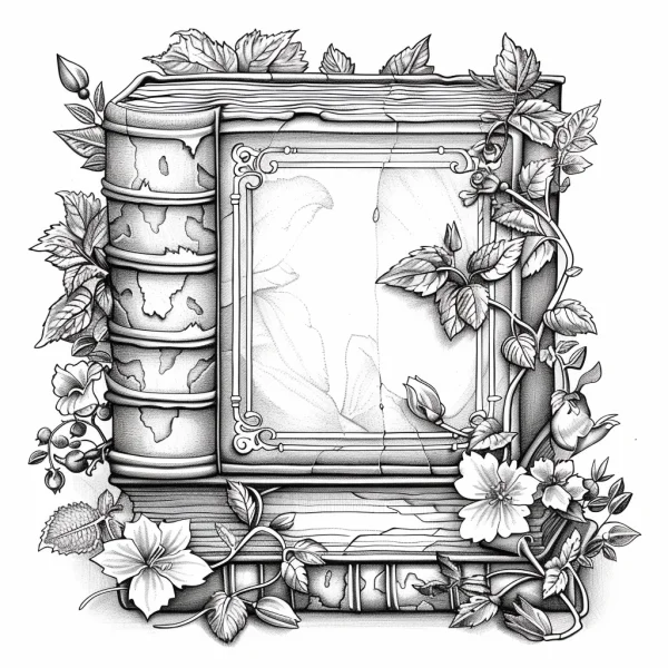 Vintage old book wrapped with flowers and vines, retro sketch style — free printable books coloring book page
