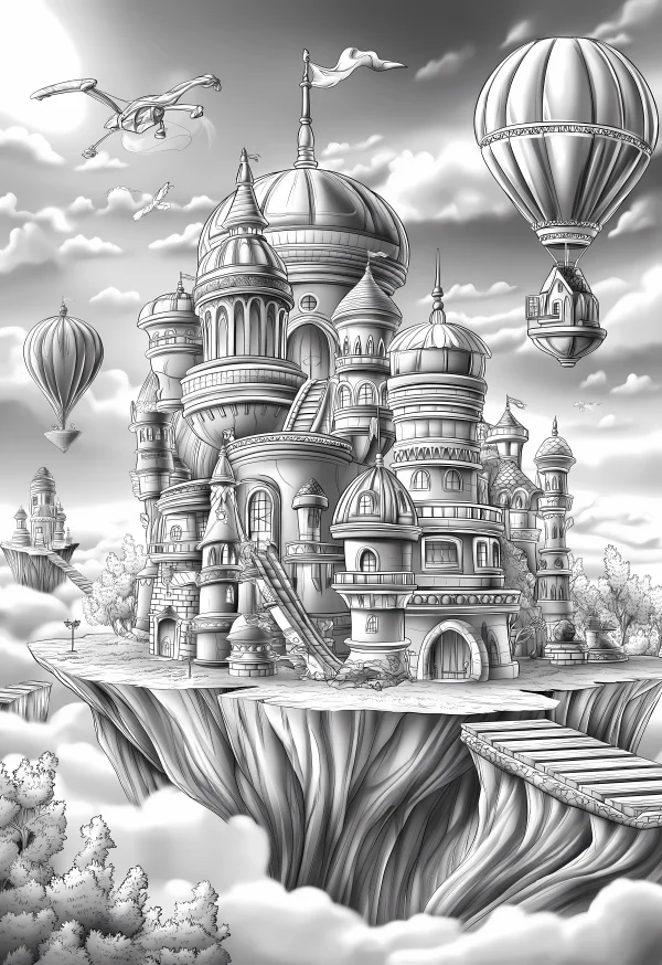 Fantasy floating castle on a cliff above clouds, whimsical illustration style — free printable sky coloring book page