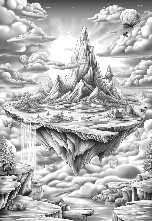 Floating snow-capped mountain island, fantasy sketch style — free printable sky coloring book page