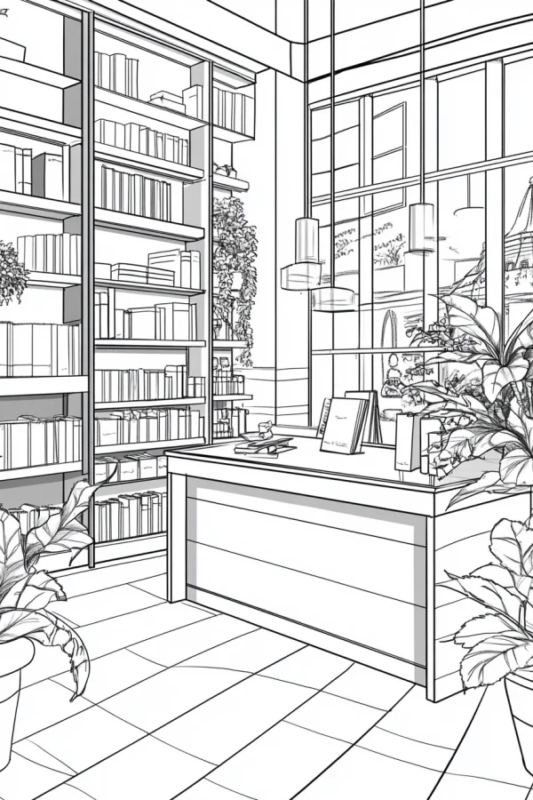 Indoor bookstore scene with full bookshelves and a desk, realistic line art style — free printable bookstore coloring book page