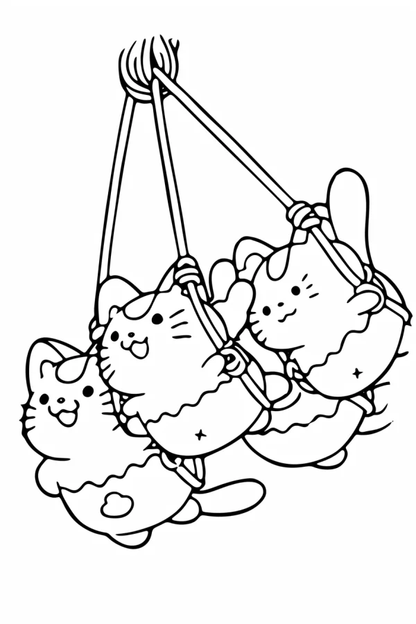 Three cute cartoon cats hanging on ropes, cartoon style — free printable coloring page
