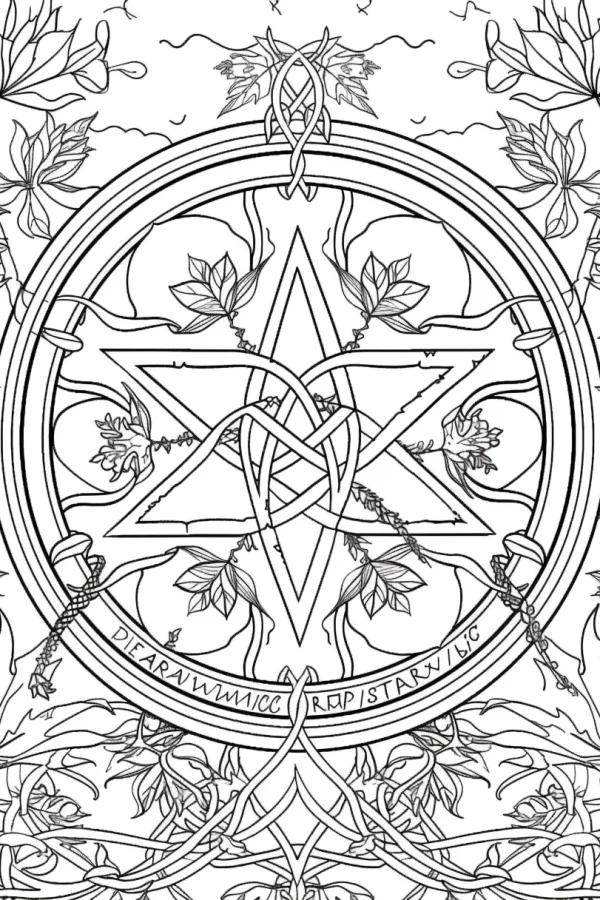 Celtic knot pentagram with leaves and vines, celtic style — free printable celtic culture coloring book page