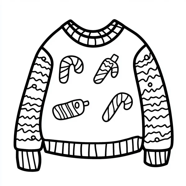 Christmas sweater decorated with candy canes and holiday candies, cartoon style — free printable clothing coloring book page