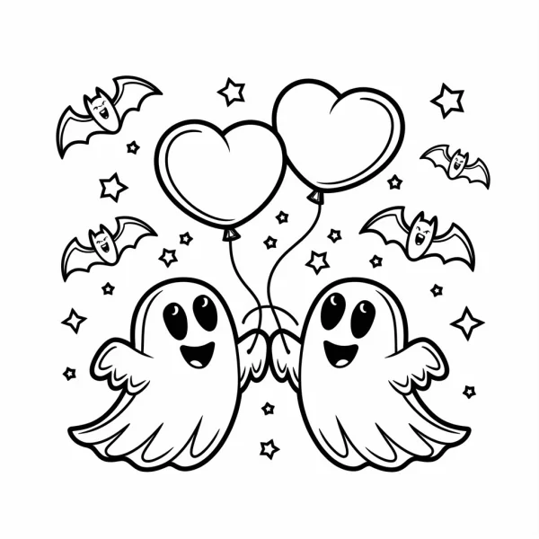 Cute ghost couple holding heart-shaped balloons, cartoon style — free printable coloring page