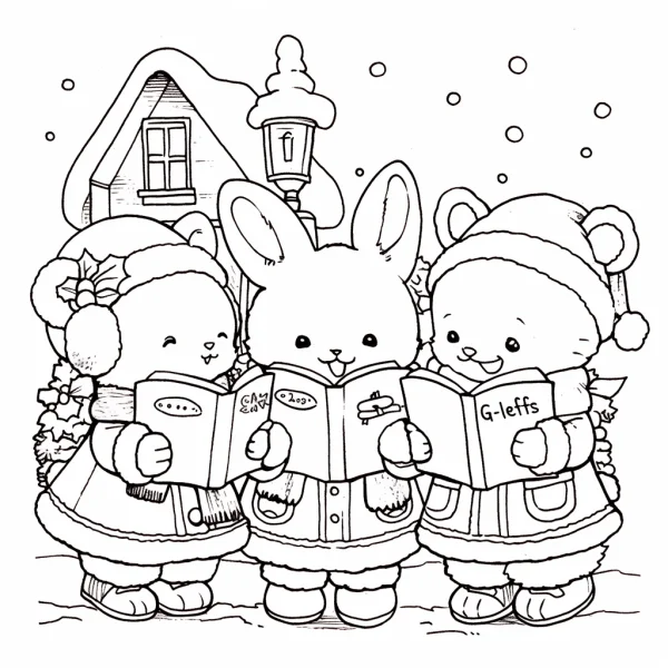Anthropomorphic bear and rabbit in christmas outfits singing with songbooks, cartoon fairy tale style — free printable festivals coloring book page