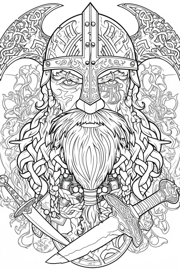 Viking warrior with braided beard and rune engraved helmet, nordic celtic style — free printable nordic culture coloring book page